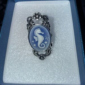 Blue Seahorse Cameo Statement Ring - Silver Tone